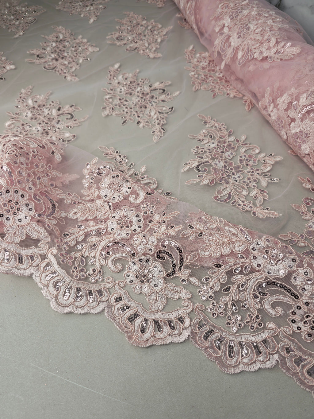 Tul Bordado Con Diseño Floral Con Lentejuela Color Rosa- HH039 ideal para vestidos de noche de boda y de XV años