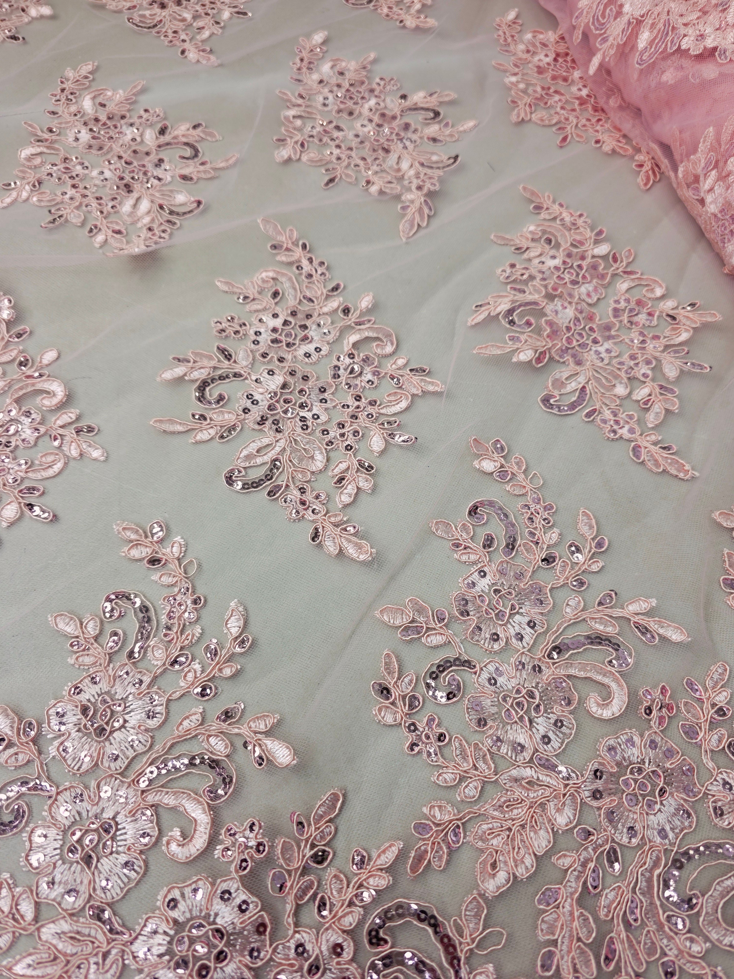 Tul Bordado Con Diseño Floral Con Lentejuela Color Rosa- HH039 ideal para vestidos de noche de boda y de XV años
