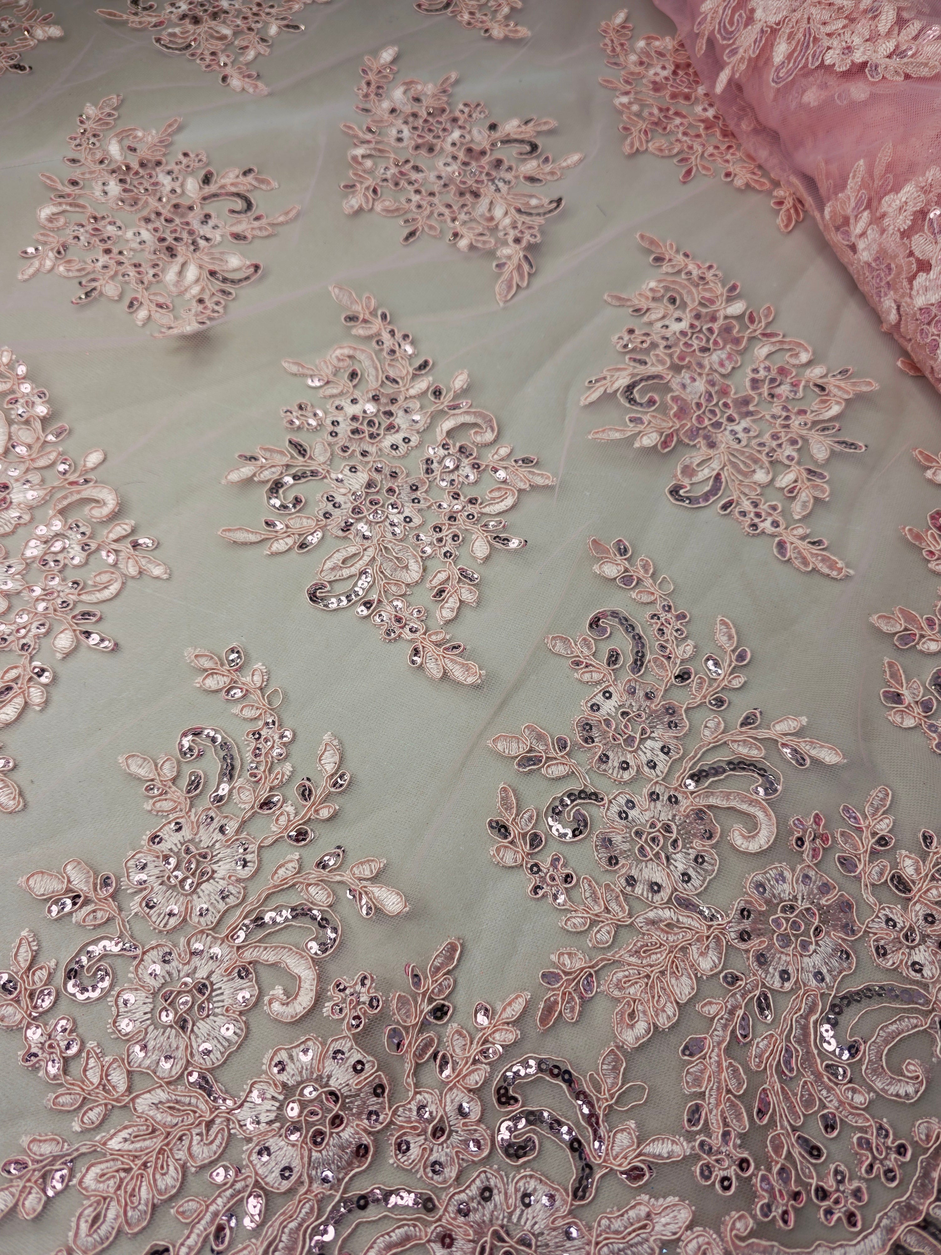 Tul Bordado Con Diseño Floral Con Lentejuela Color Rosa- HH039 ideal para vestidos de noche de boda y de XV años