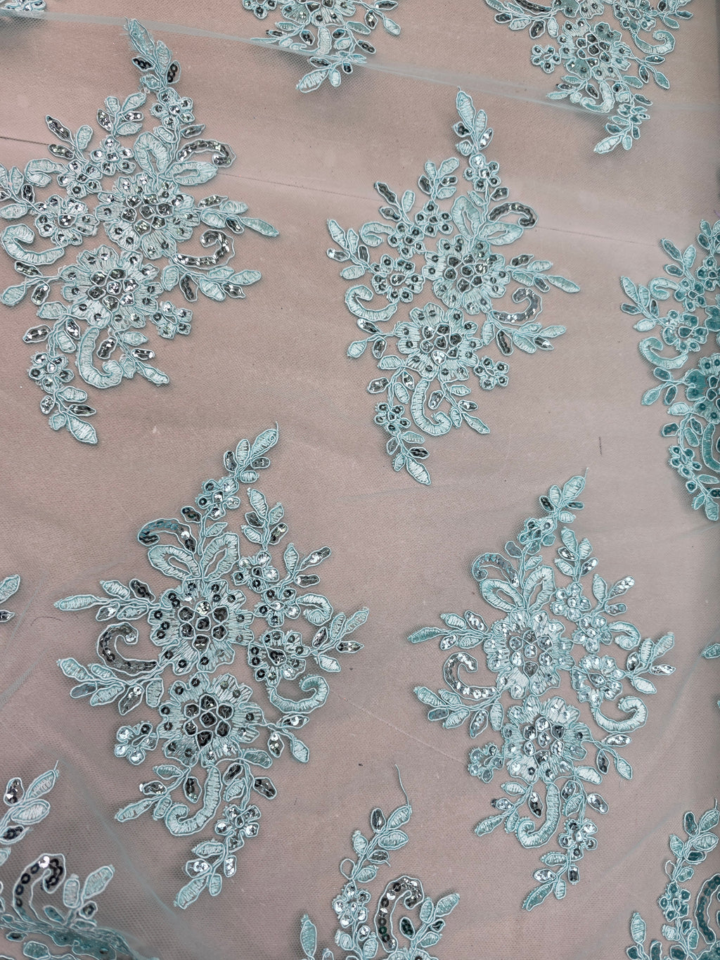 Tul Bordado Con Diseño Floral Con Lentejuela Color Acua - HH039 ideal para vestidos de noche de boda y de XV años