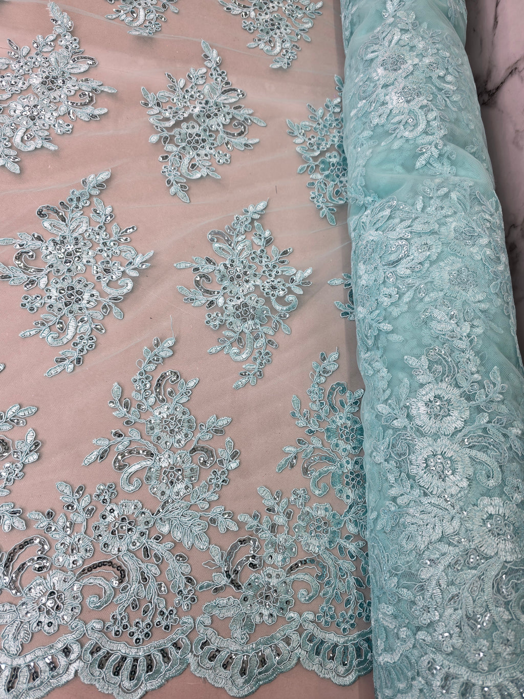 Tul Bordado Con Diseño Floral Con Lentejuela Color Acua - HH039 ideal para vestidos de noche de boda y de XV años