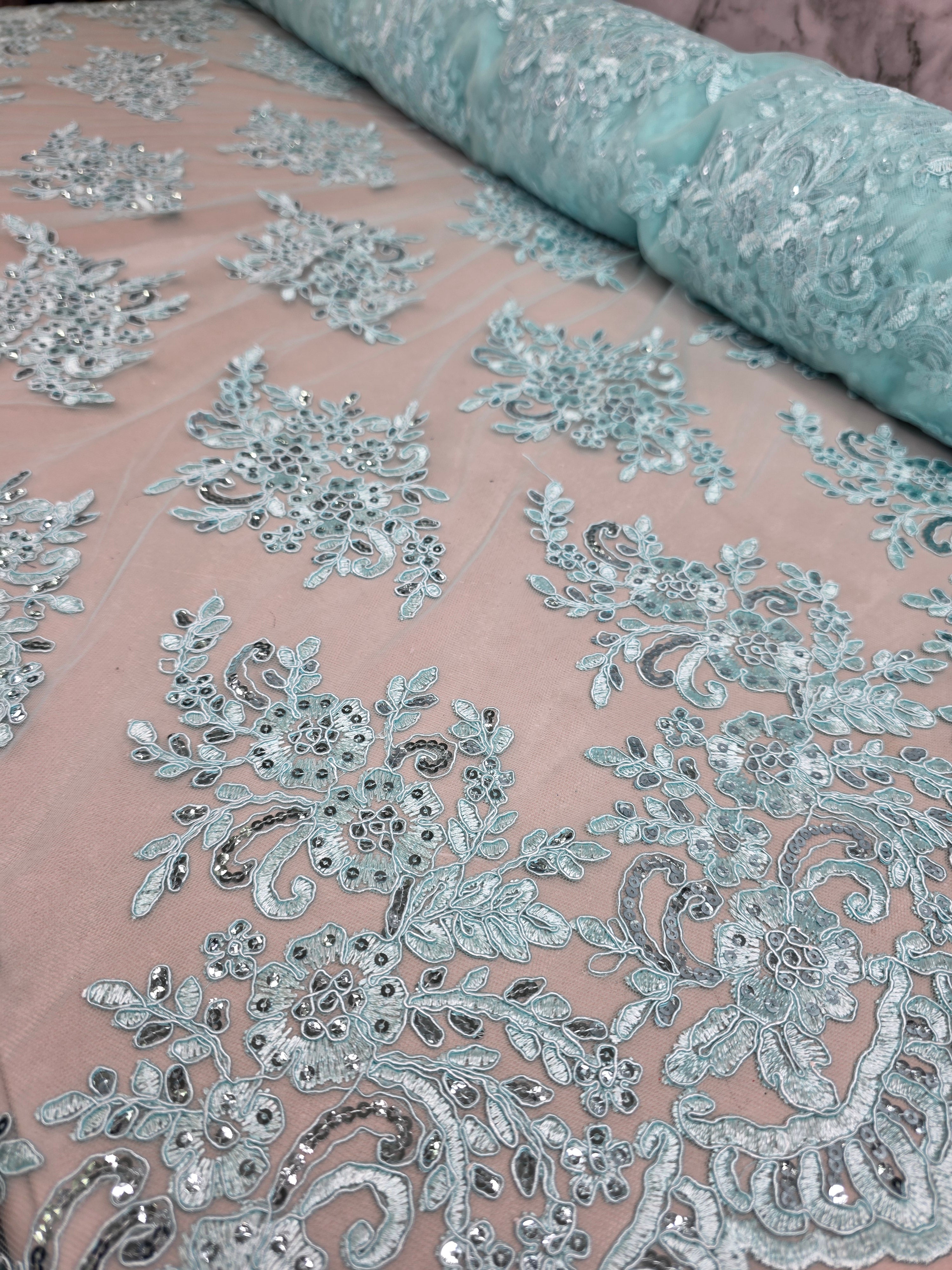 Tul Bordado Con Diseño Floral Con Lentejuela Color Acua - HH039 ideal para vestidos de noche de boda y de XV años