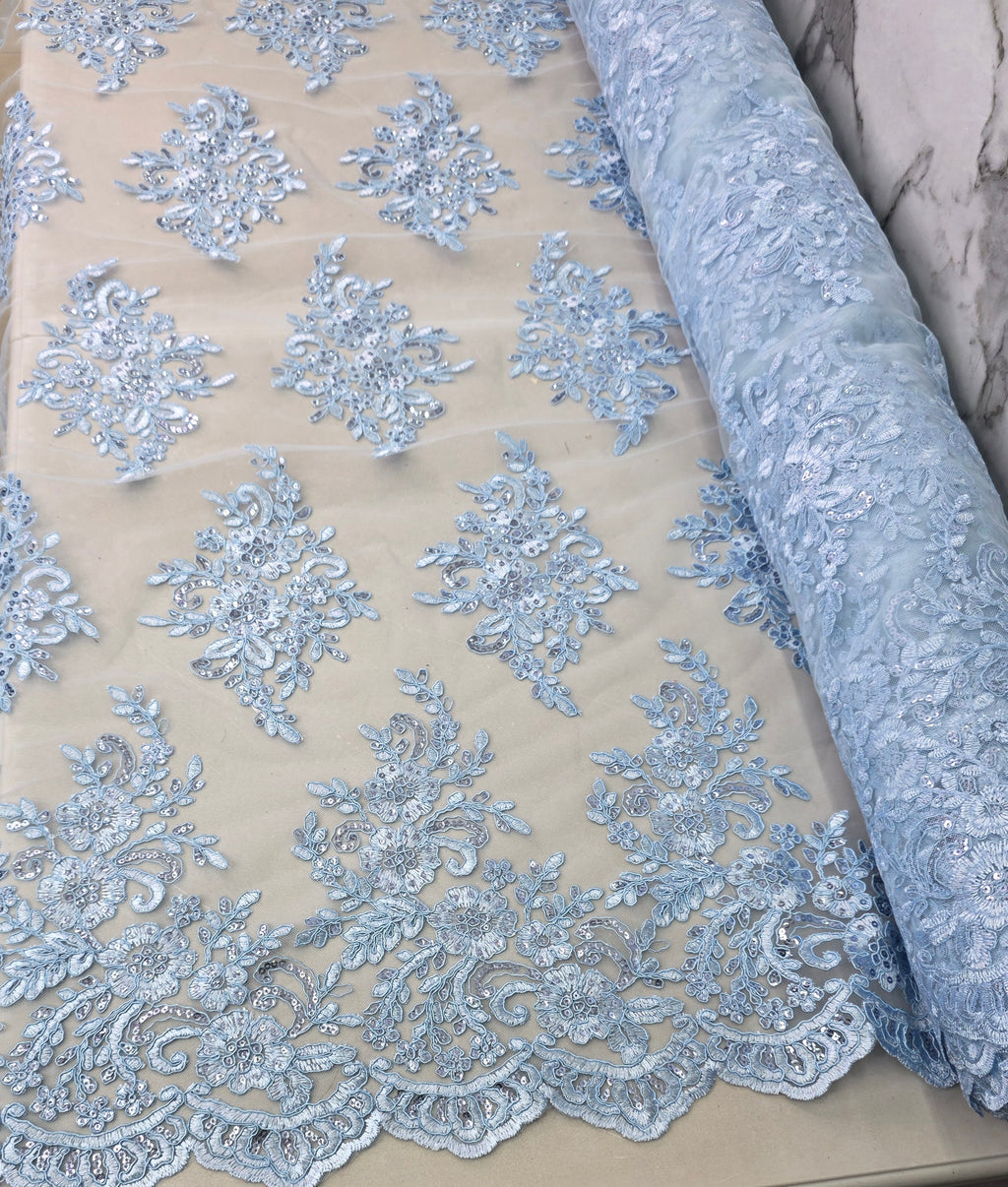 Tul Bordado Con Diseño Floral Con Lentejuela Color Cielo- HH039 ideal para vestidos de noche de boda y de XV años