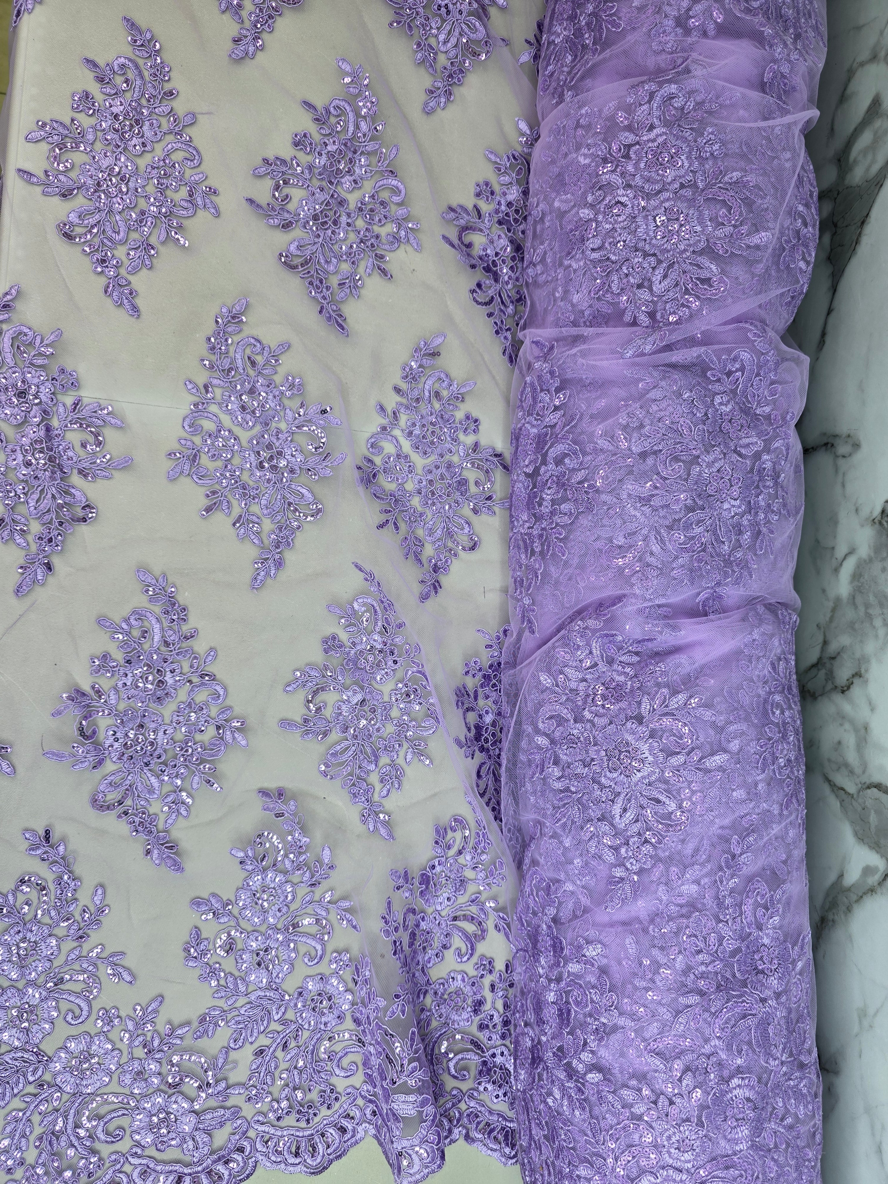 Tul Bordado Con Diseño Floral Con Lentejuela Color Lila - HH039 ideal para vestidos de noche de boda y de XV años