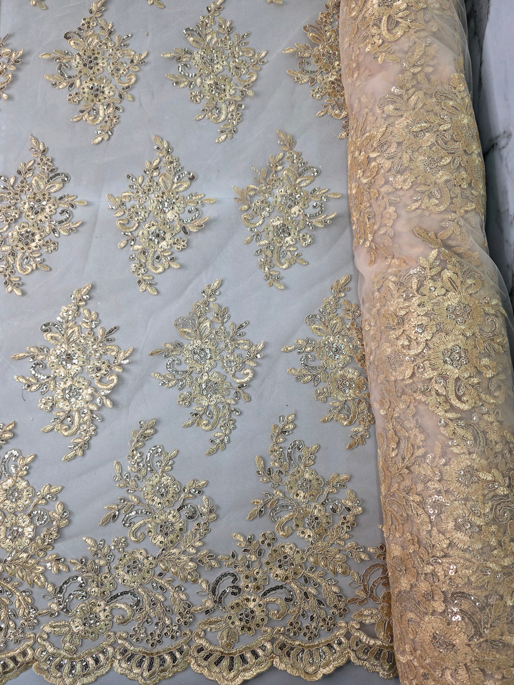 Tul Bordado Con Diseño Floral Con Lentejuela Color Oro - HH039 ideal para vestidos de noche de boda y de XV años