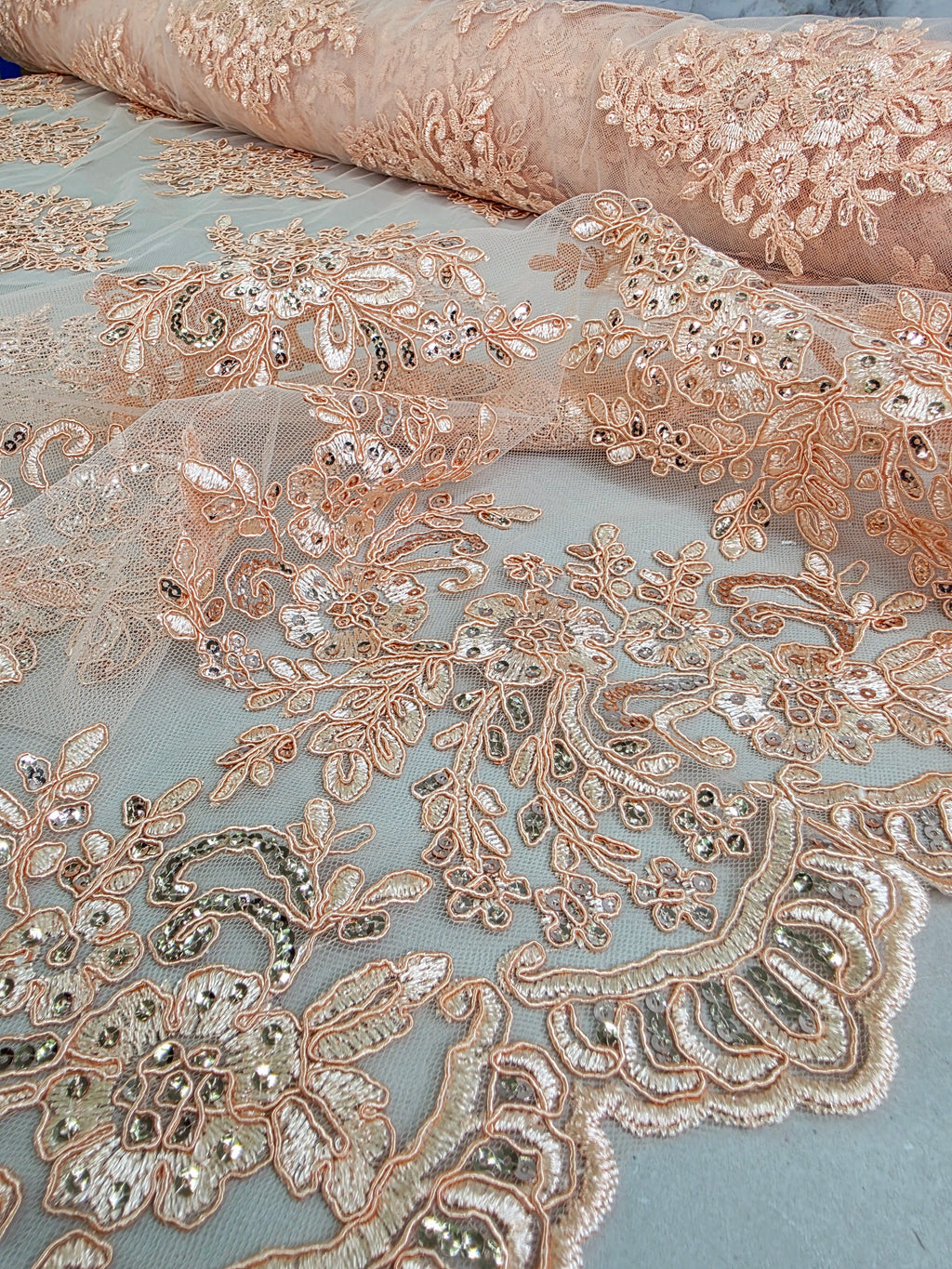 Tul Bordado Con Diseño Floral Con Lentejuela Color Nude - HH039 ideal para vestidos de noche de boda y de XV años