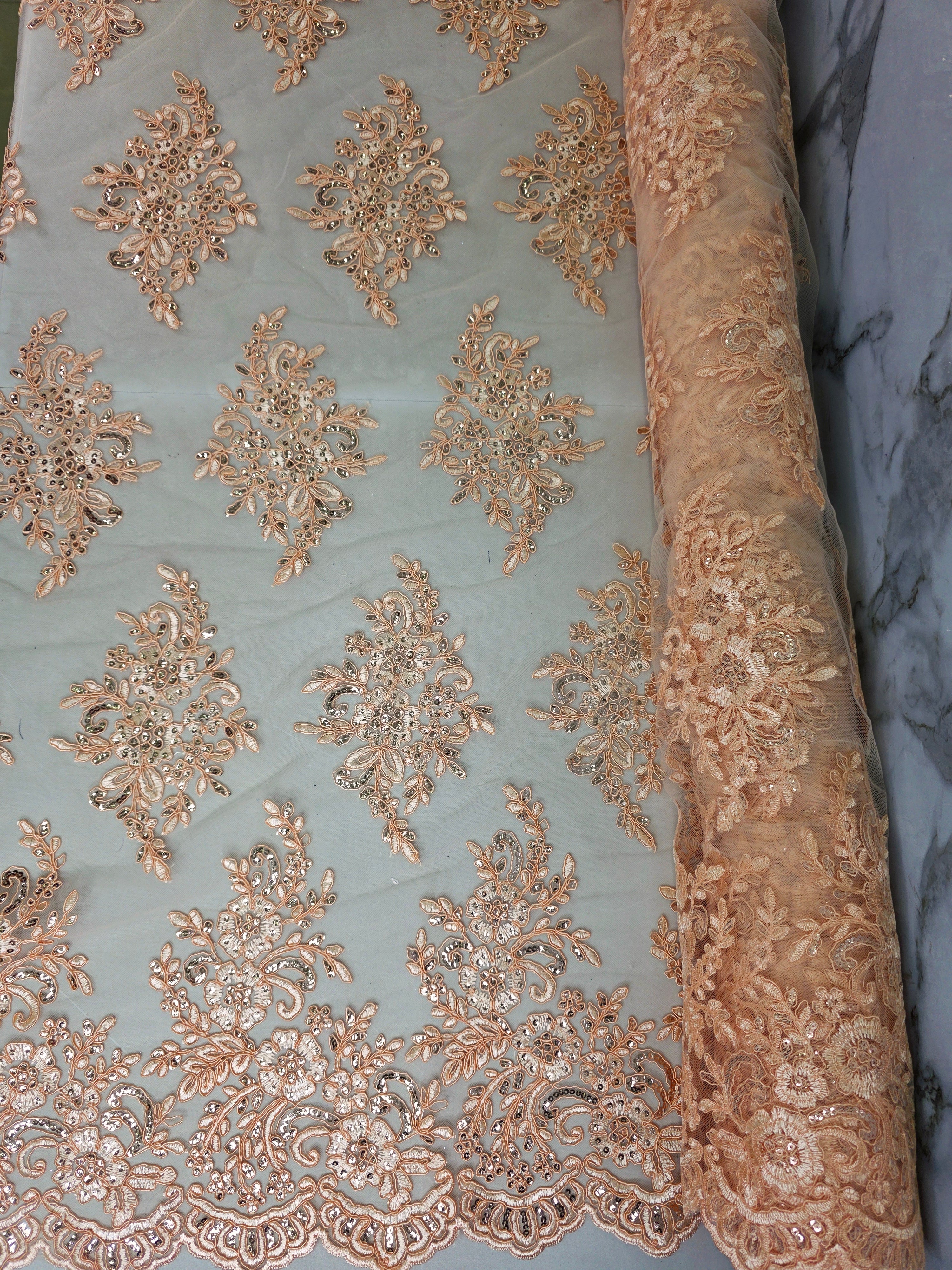 Tul Bordado Con Diseño Floral Con Lentejuela Color Nude - HH039 ideal para vestidos de noche de boda y de XV años
