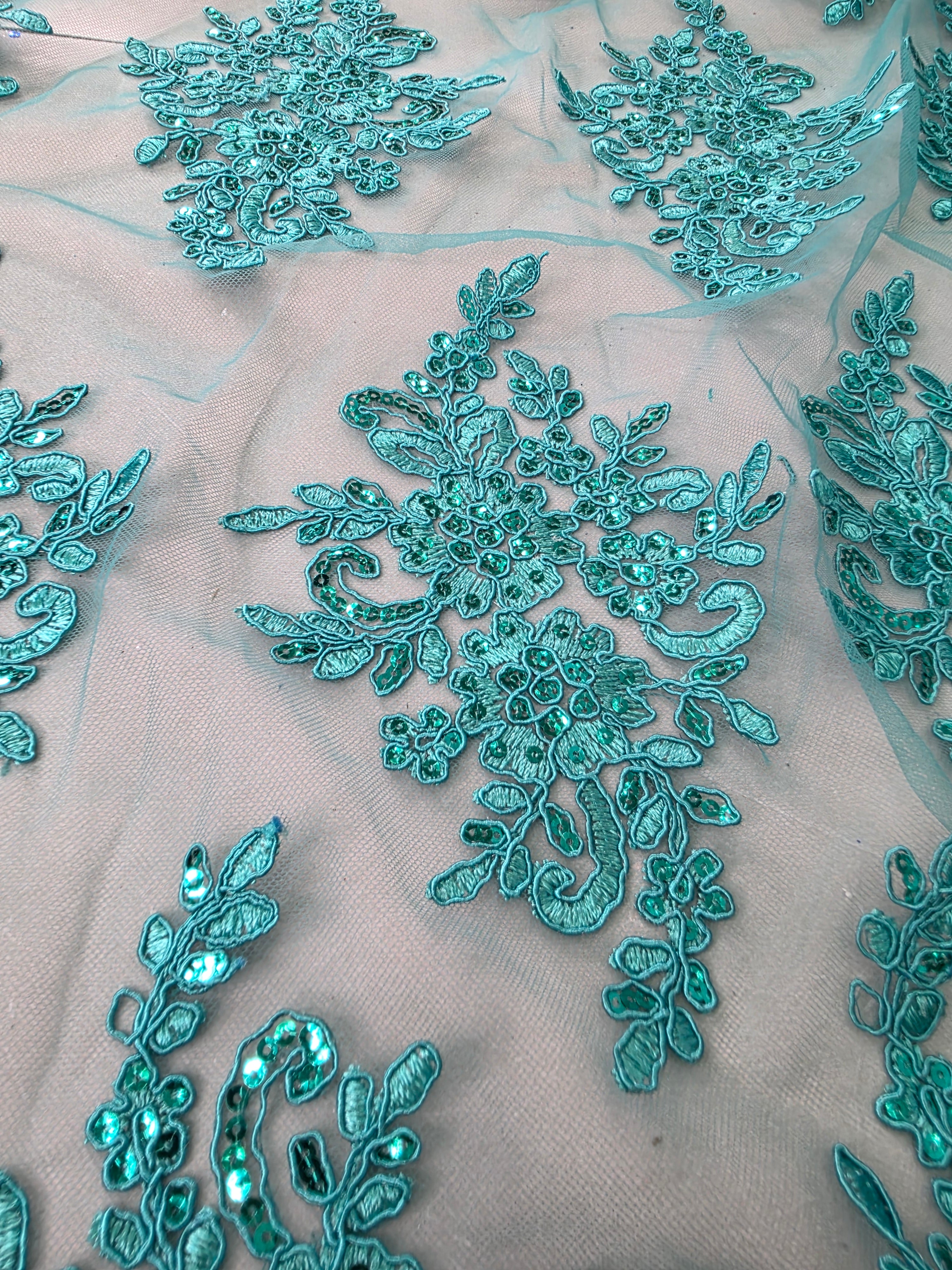 Tul Bordado Con Diseño Floral Con Lentejuela Color Esmeralda - HH039 ideal para vestidos de noche de boda y de XV años