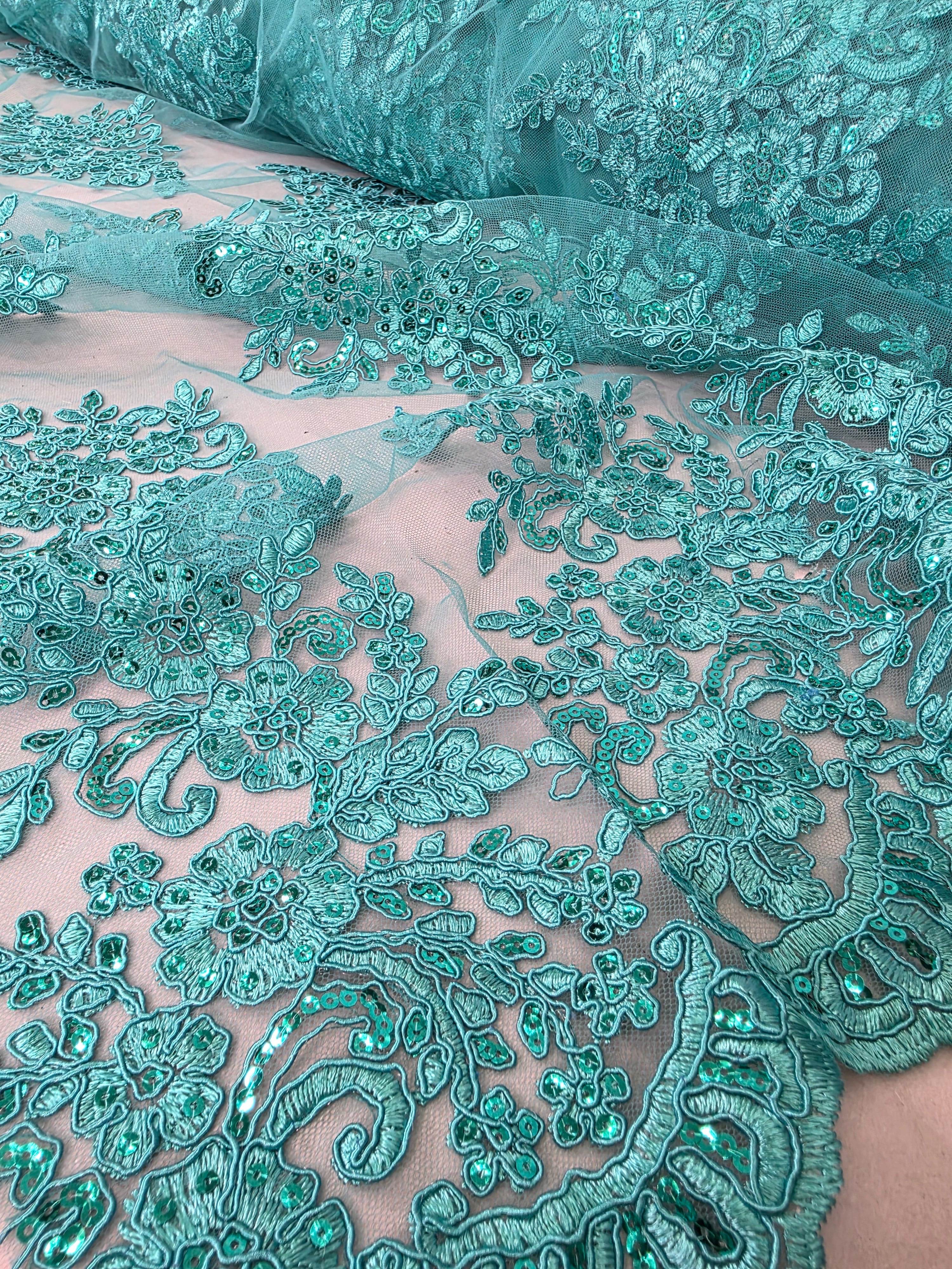 Tul Bordado Con Diseño Floral Con Lentejuela Color Esmeralda - HH039 ideal para vestidos de noche de boda y de XV años
