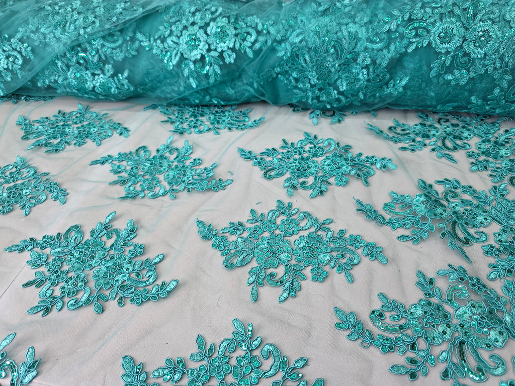 Tul Bordado Con Diseño Floral Con Lentejuela Color Esmeralda - HH039 ideal para vestidos de noche de boda y de XV años