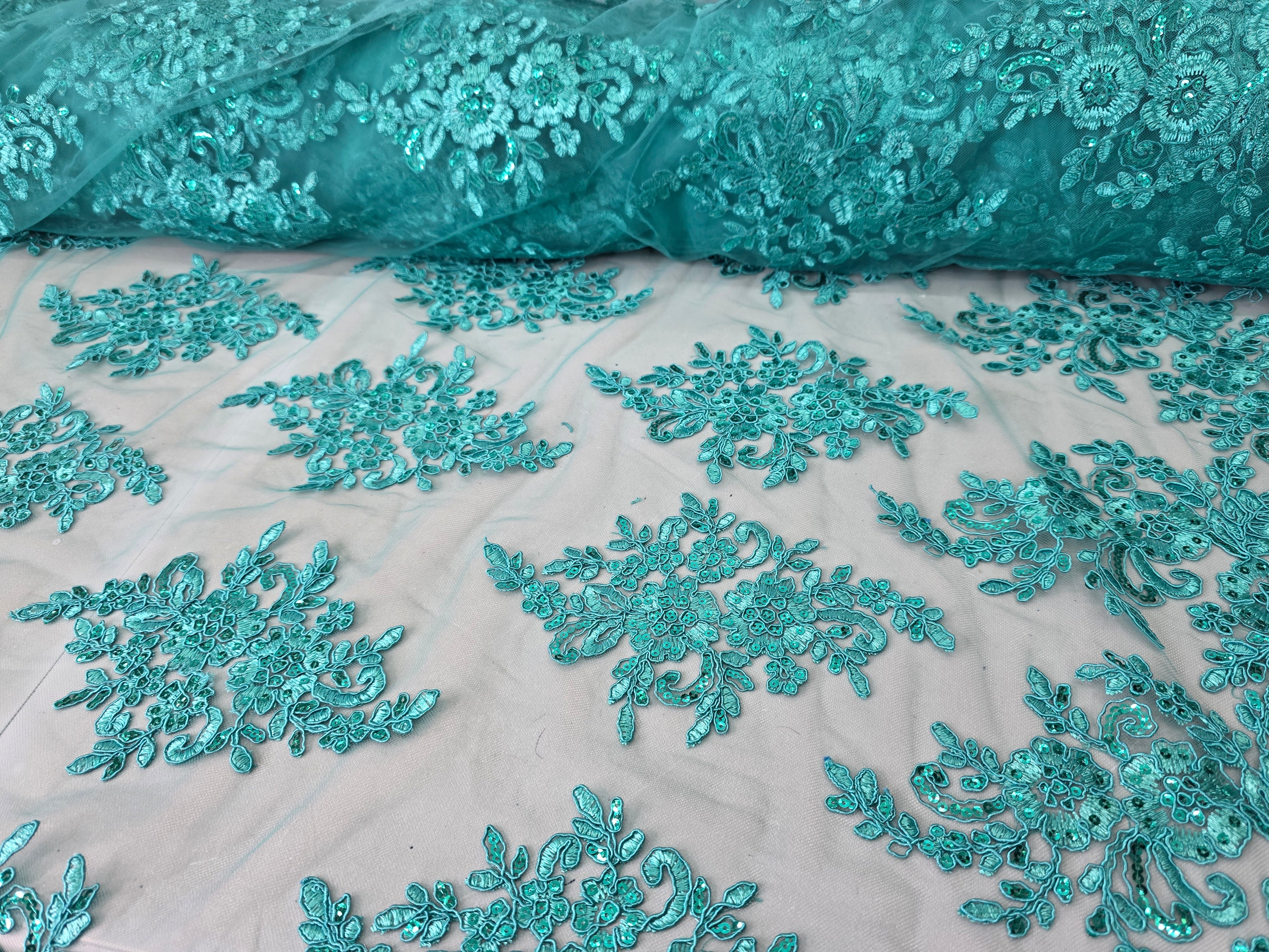 Tul Bordado Con Diseño Floral Con Lentejuela Color Esmeralda - HH039 ideal para vestidos de noche de boda y de XV años