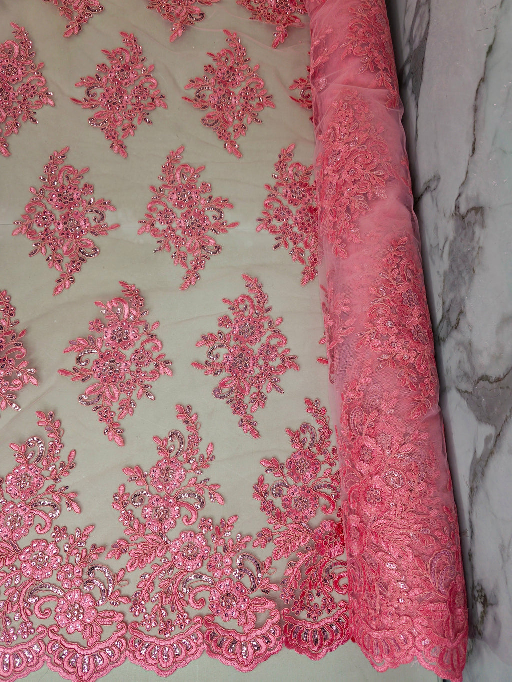 Tul Bordado Con Diseño Floral Con Lentejuela Color Palo de Rosa- HH039 ideal para vestidos de noche de boda y de XV años