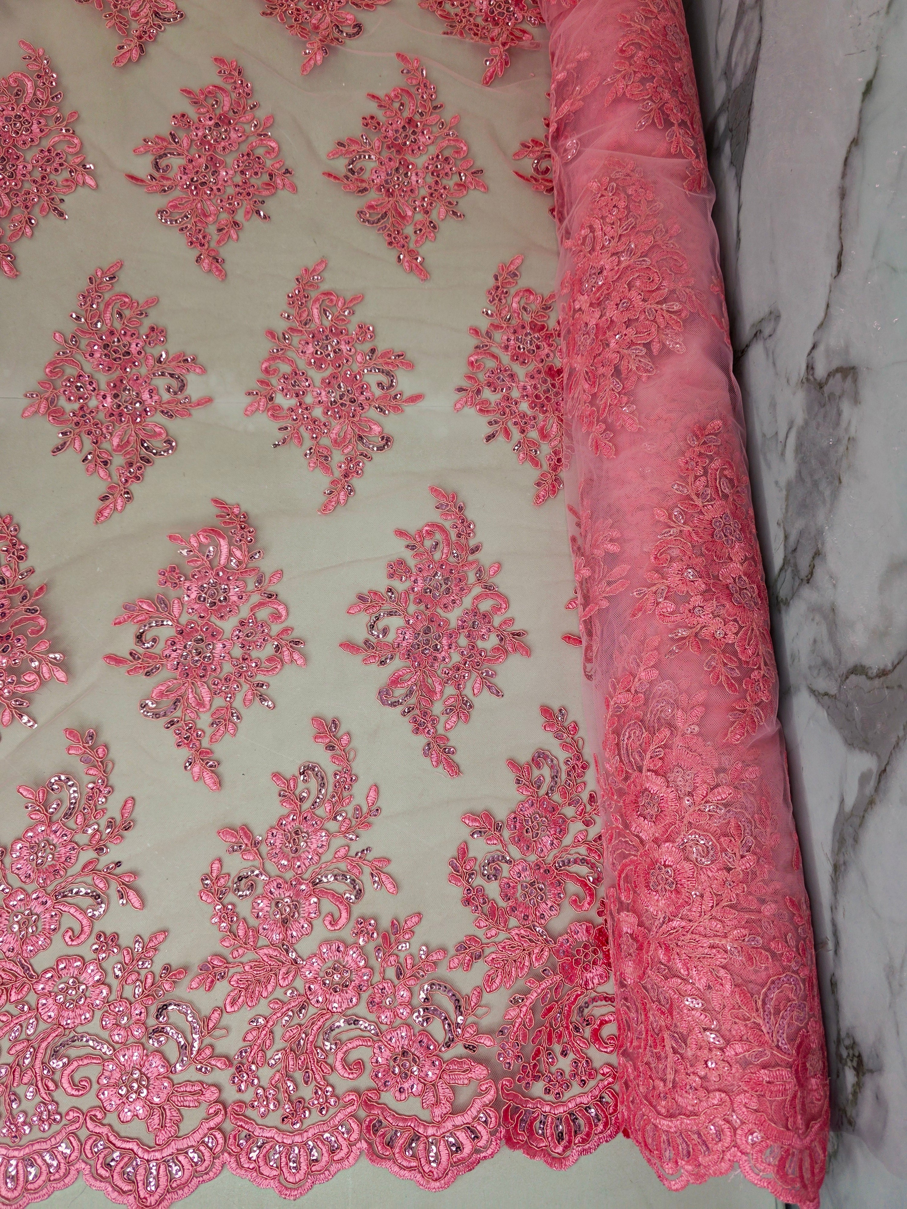 Tul Bordado Con Diseño Floral Con Lentejuela Color Palo de Rosa- HH039 ideal para vestidos de noche de boda y de XV años