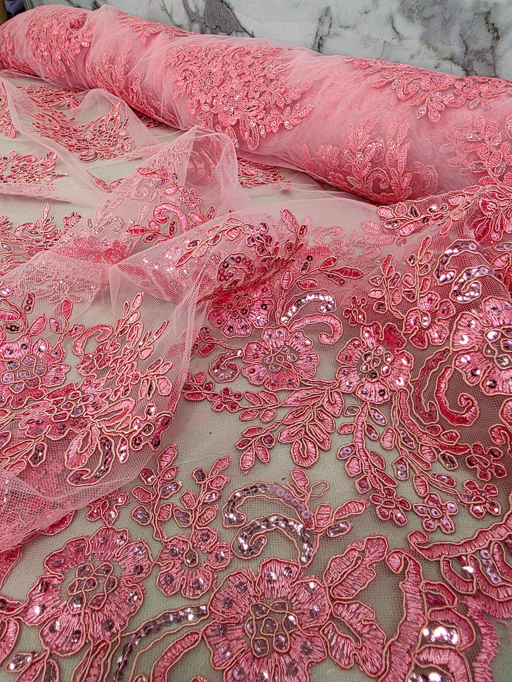 Tul Bordado Con Diseño Floral Con Lentejuela Color Palo de Rosa- HH039 ideal para vestidos de noche de boda y de XV años