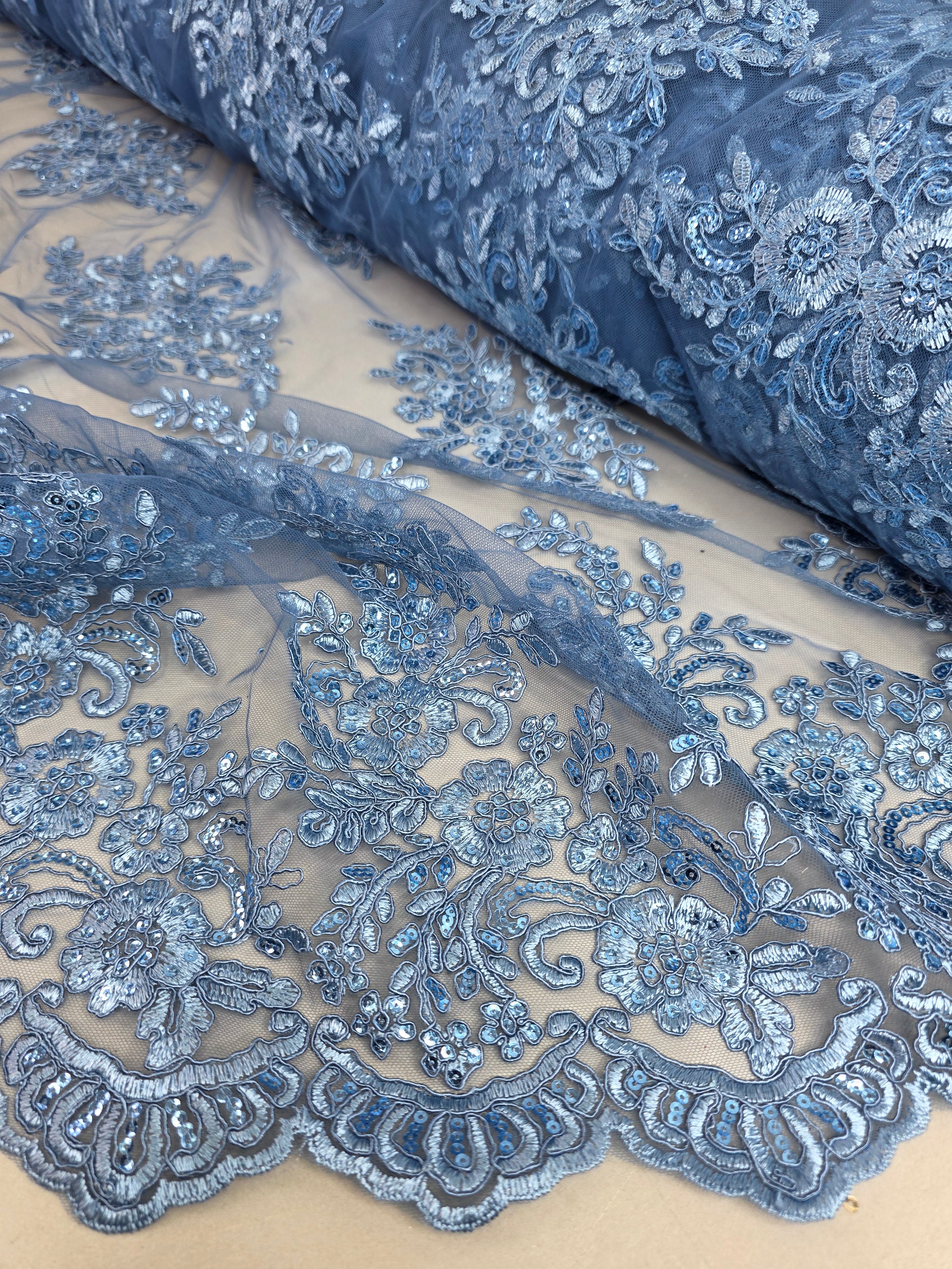 Tul Bordado Con Diseño Floral Con Lentejuela Color Plumbago - HH039 ideal para vestidos de noche de boda y de XV años