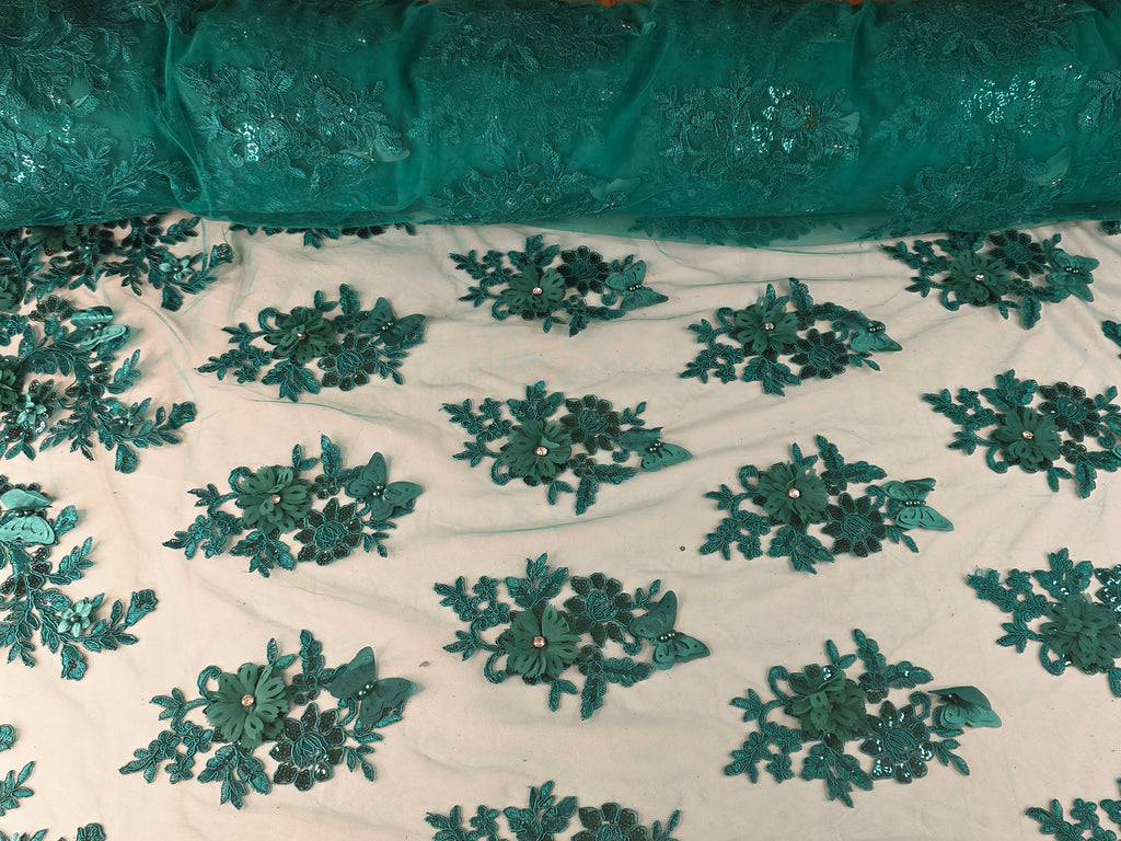 Tul Bordado Con Floral 3D, Mariposas, Pedrería, Lentejuela Y Perlas Color Verde Esmeralda- HH157 ideal para vestidos de noche de boda y de XV años
