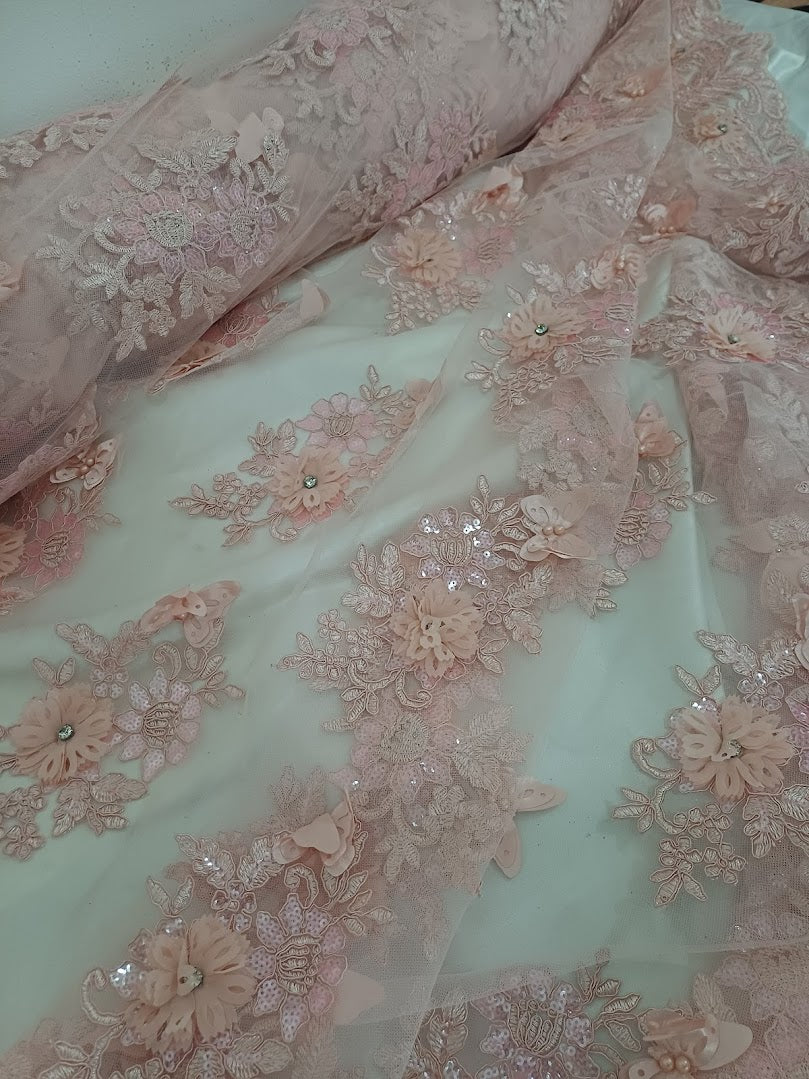 Tul Bordado Con Floral 3D, Mariposas, Pedrería, Lentejuela Y Perlas Color Blush- HH157 ideal para vestidos de noche de boda y de XV años