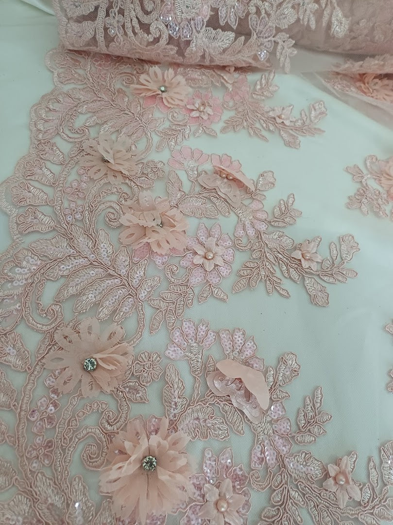 Tul Bordado Con Floral 3D, Mariposas, Pedrería, Lentejuela Y Perlas Color Blush- HH157 ideal para vestidos de noche de boda y de XV años