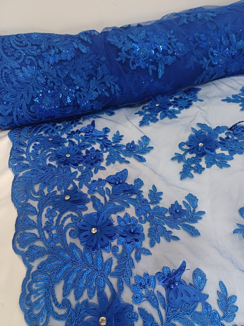 Tul Bordado Con Floral 3D, Mariposas, Pedrería, Lentejuela Y Perlas Color Azul Rey- HH157 ideal para vestidos de noche de boda y de XV años