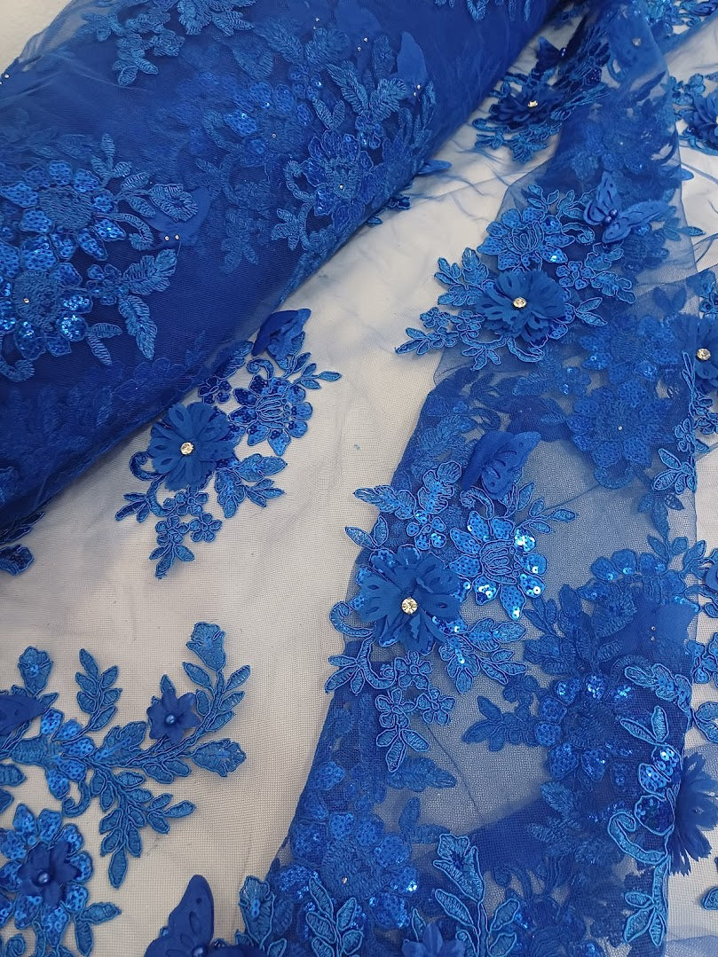 Tul Bordado Con Floral 3D, Mariposas, Pedrería, Lentejuela Y Perlas Color Azul Rey- HH157 ideal para vestidos de noche de boda y de XV años