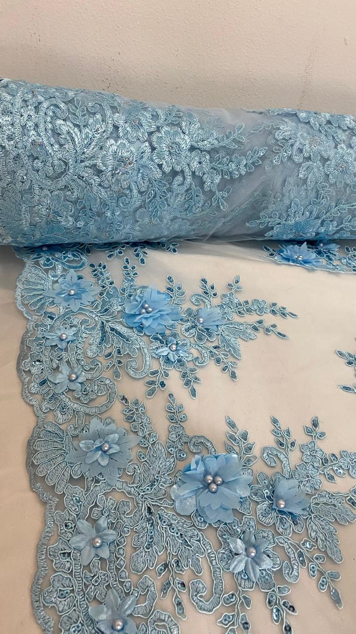 Tul Bordado Con Floral 3D, Lentejuela Y Perlas Color Azul Cielo- HH158 ideal para vestidos de noche de boda y de XV años
