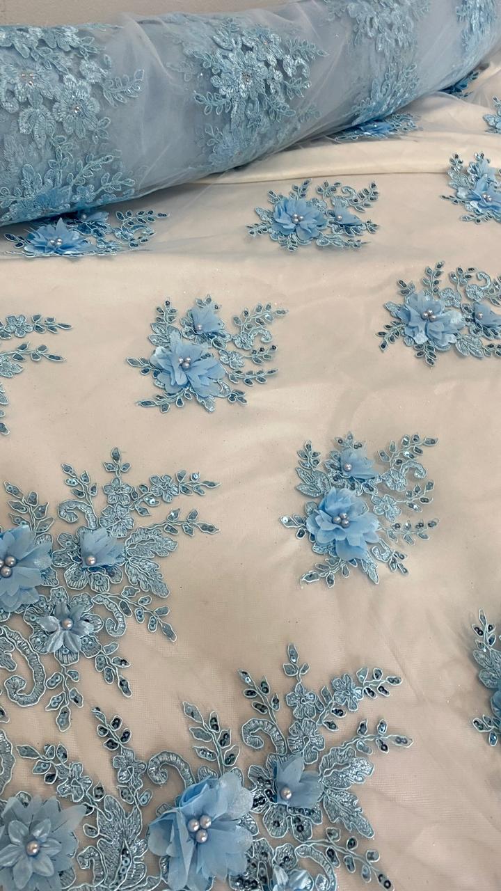 Tul Bordado Con Floral 3D, Lentejuela Y Perlas Color Azul Cielo- HH158 ideal para vestidos de noche de boda y de XV años