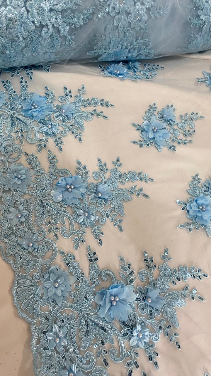 Tul Bordado Con Floral 3D, Lentejuela Y Perlas Color Azul Cielo- HH158 ideal para vestidos de noche de boda y de XV años