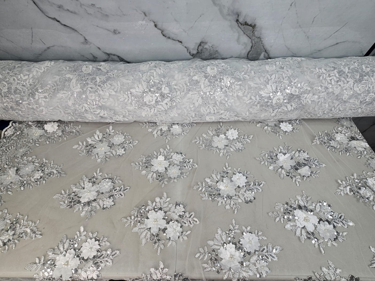 Tul Bordado Con Floral 3D, Lentejuela Y Perlas Color Plata- HH159 ideal para vestidos de noche de boda y de XV años