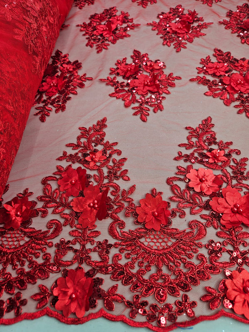 Tul Bordado Con Floral 3D, Lentejuela Y Perlas Color Rojo- HH159 ideal para vestidos de noche de boda y de XV años