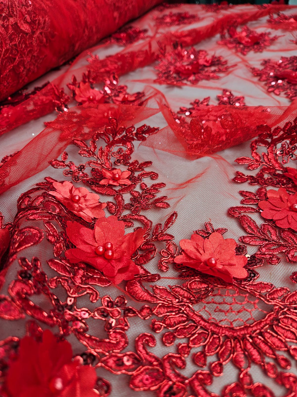 Tul Bordado Con Floral 3D, Lentejuela Y Perlas Color Rojo- HH159 ideal para vestidos de noche de boda y de XV años