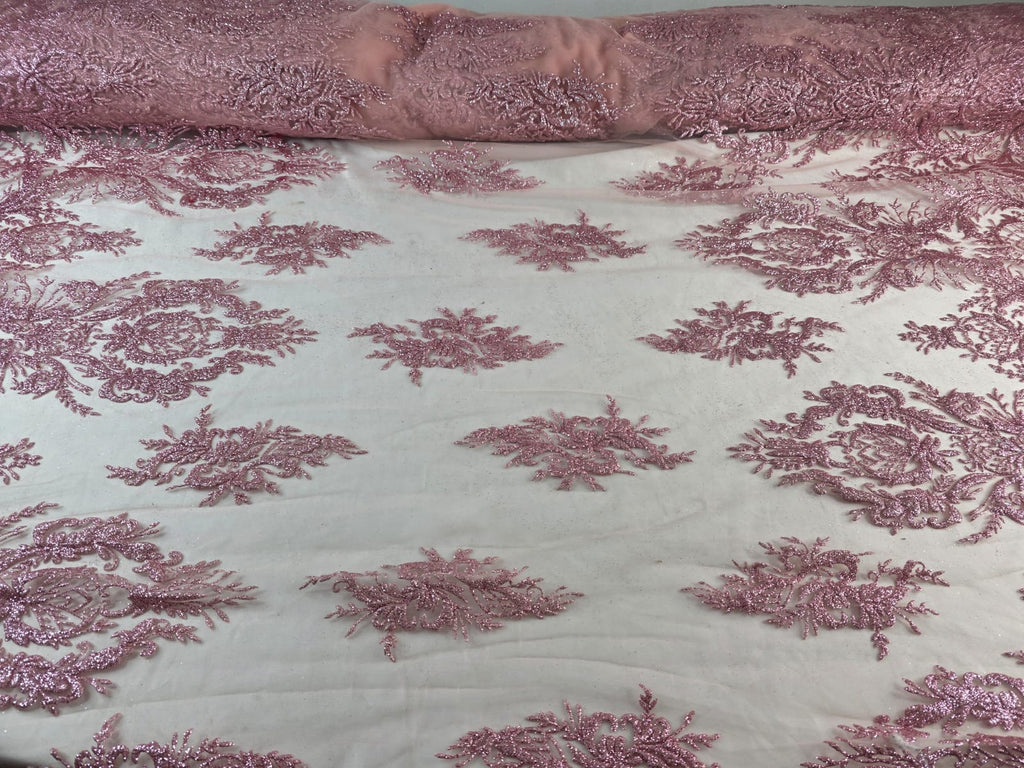 Tul Bordado Con Diseño En Acabado Glitter Color Rosa Piel- HH169 ideal para vestidos de noche de boda y de XV años