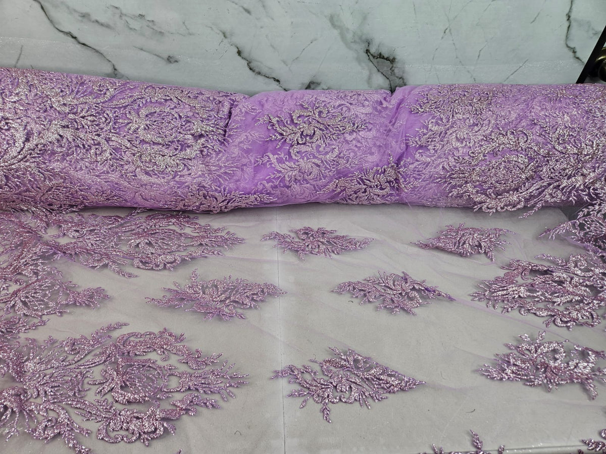 Tul Bordado Con Diseño En Acabado Glitter Color Lila- HH169 ideal para vestidos de noche de boda y de XV años