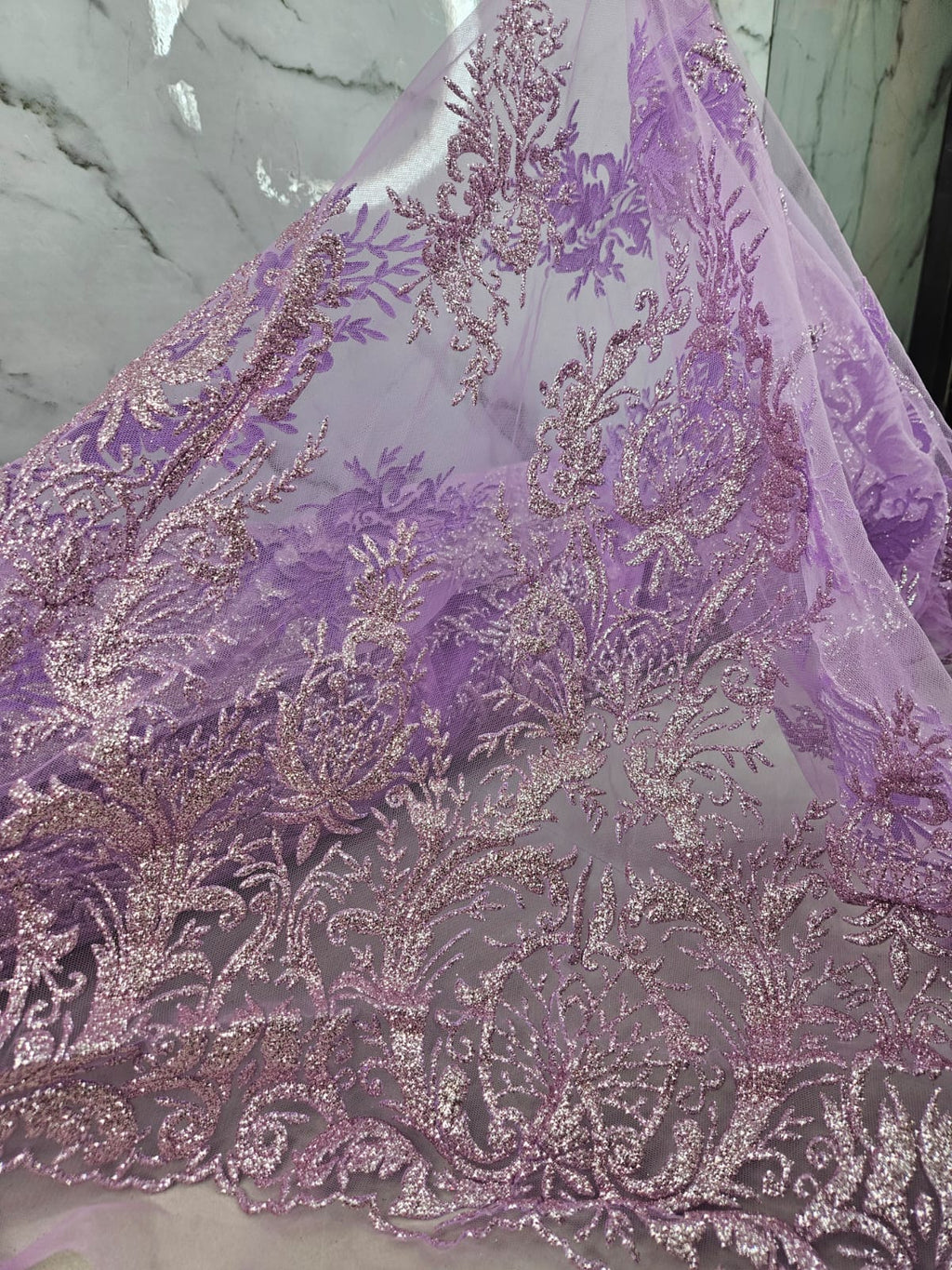 Tul Bordado Con Diseño En Acabado Glitter Color Lila- HH169 ideal para vestidos de noche de boda y de XV años