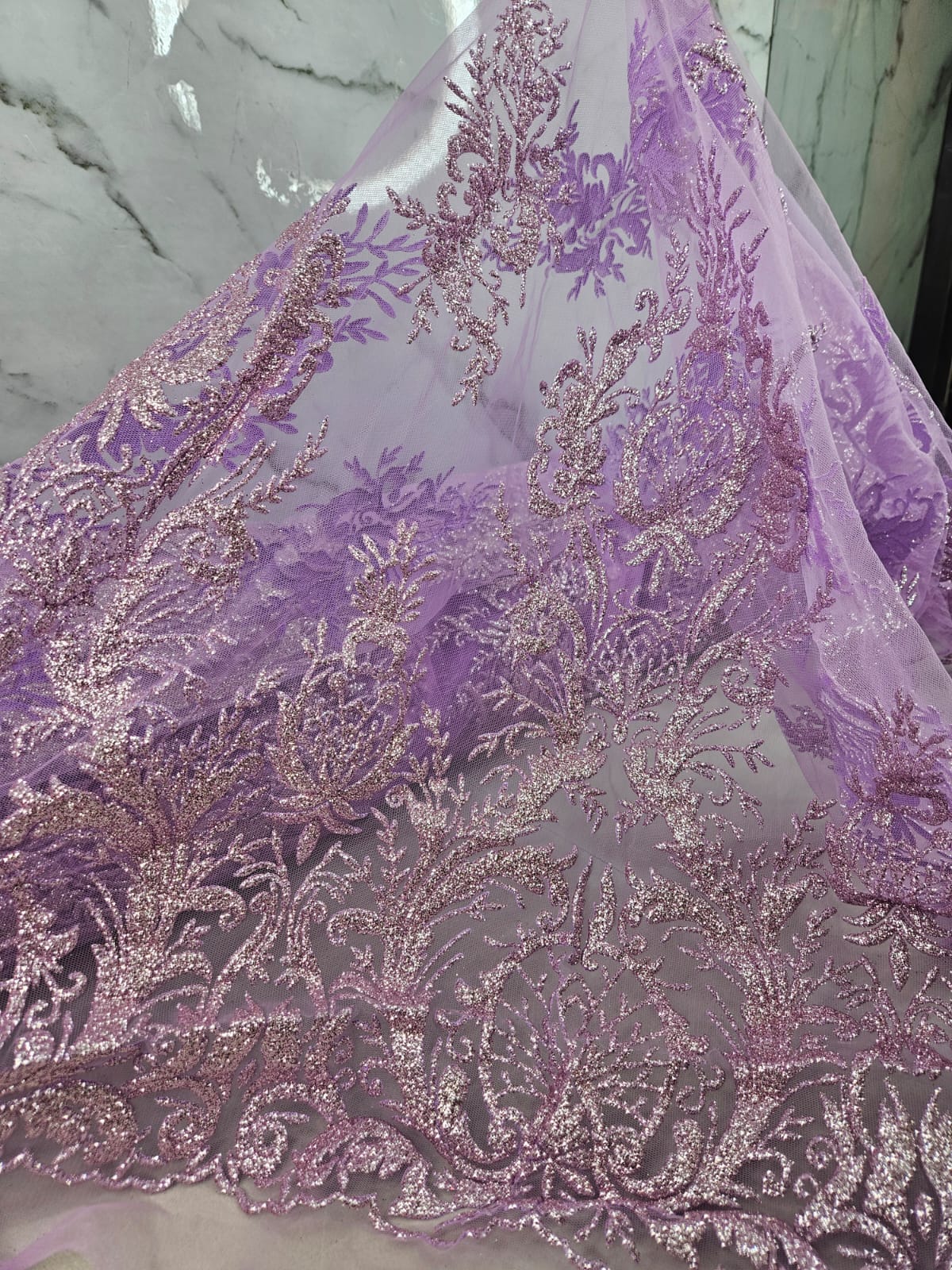 Tul Bordado Con Diseño En Acabado Glitter Color Lila- HH169 ideal para vestidos de noche de boda y de XV años
