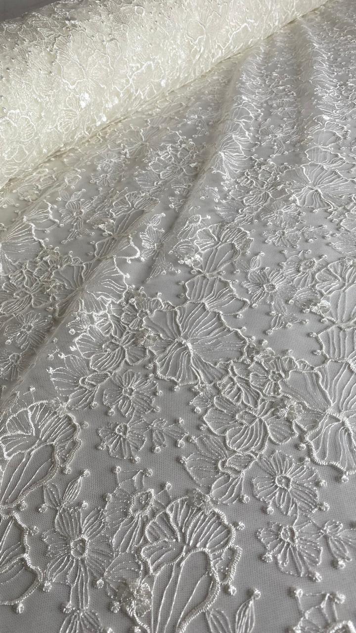Tul Bordado Con Diseño Floral Color Hueso - HH173 ideal para vestidos de noche de boda y de XV años