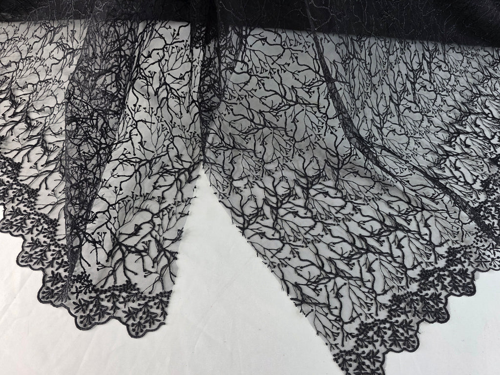 Tul Bordado Diseño Floral Con Ramajes Color Negro -HH175 ideal para vestidos de noche de boda y de XV años