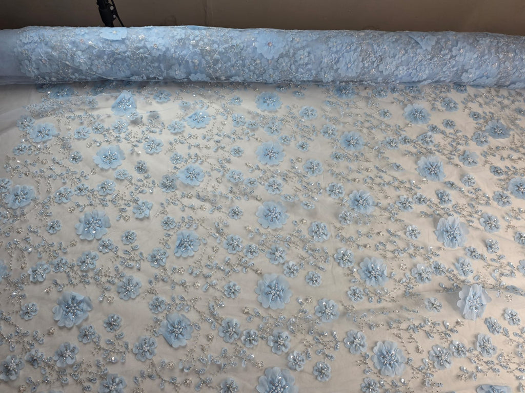 Tul Bordado Con Flores 3d, Lentejuela, Canutillo, Perlas, Chaquira Color Cielo-HH191 ideal para vestidos de noche de boda y de XV años