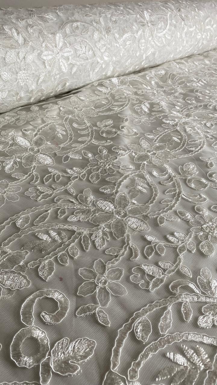 Tul Bordado Con Diseño Floral Con Lentejuela Color Blanco -HH193 ideal para vestidos de noche de boda y de XV años