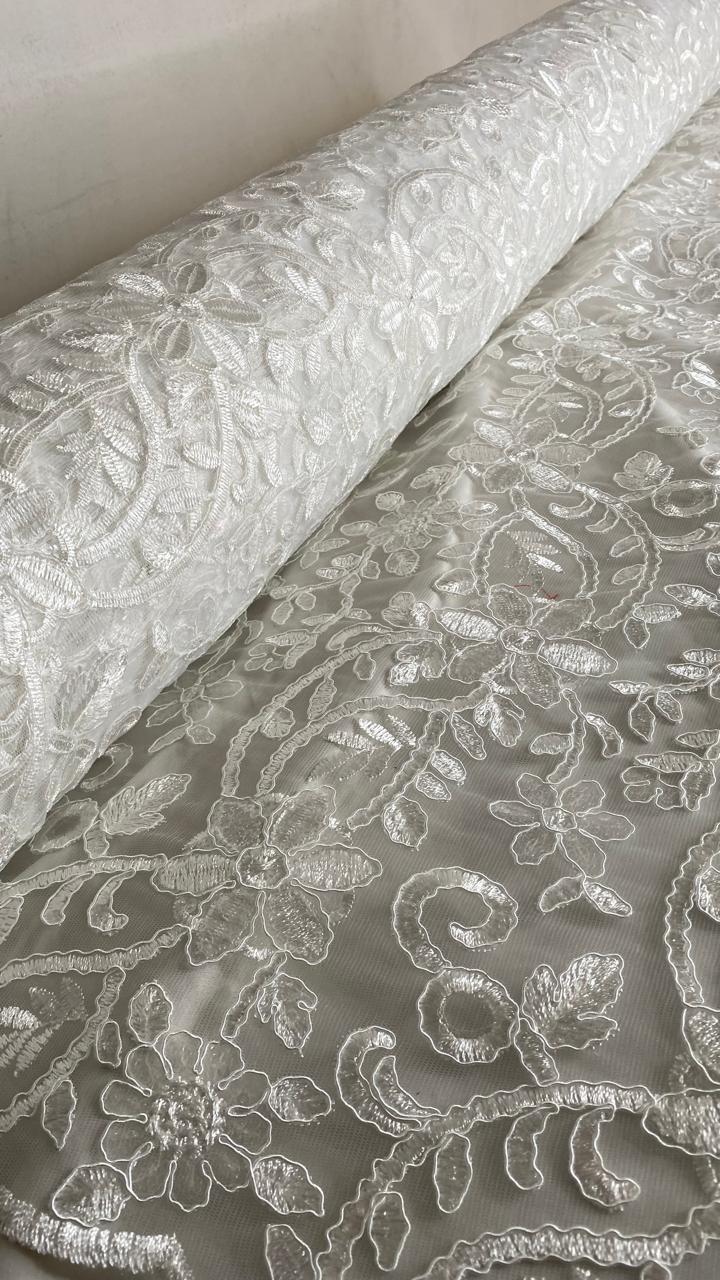 Tul Bordado Con Diseño Floral Con Lentejuela Color Blanco -HH193 ideal para vestidos de noche de boda y de XV años