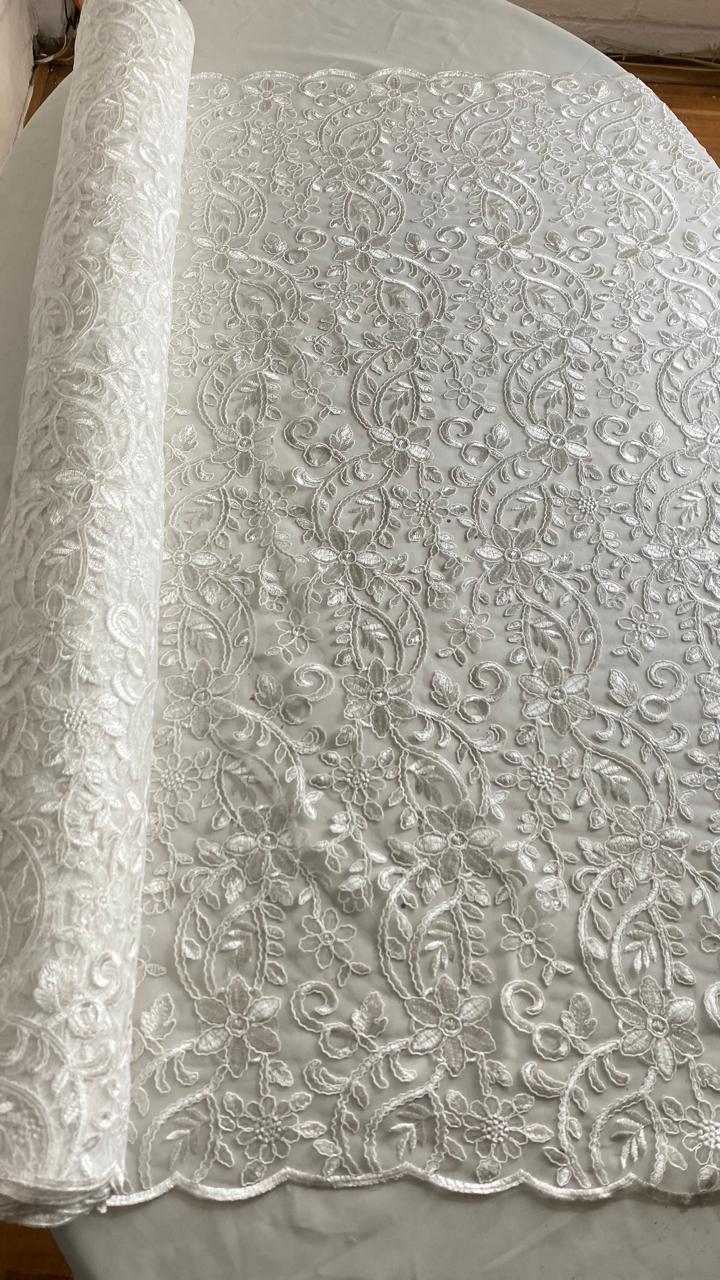 Tul Bordado Con Diseño Floral Con Lentejuela Color Hueso -HH193 ideal para vestidos de noche de boda y de XV años