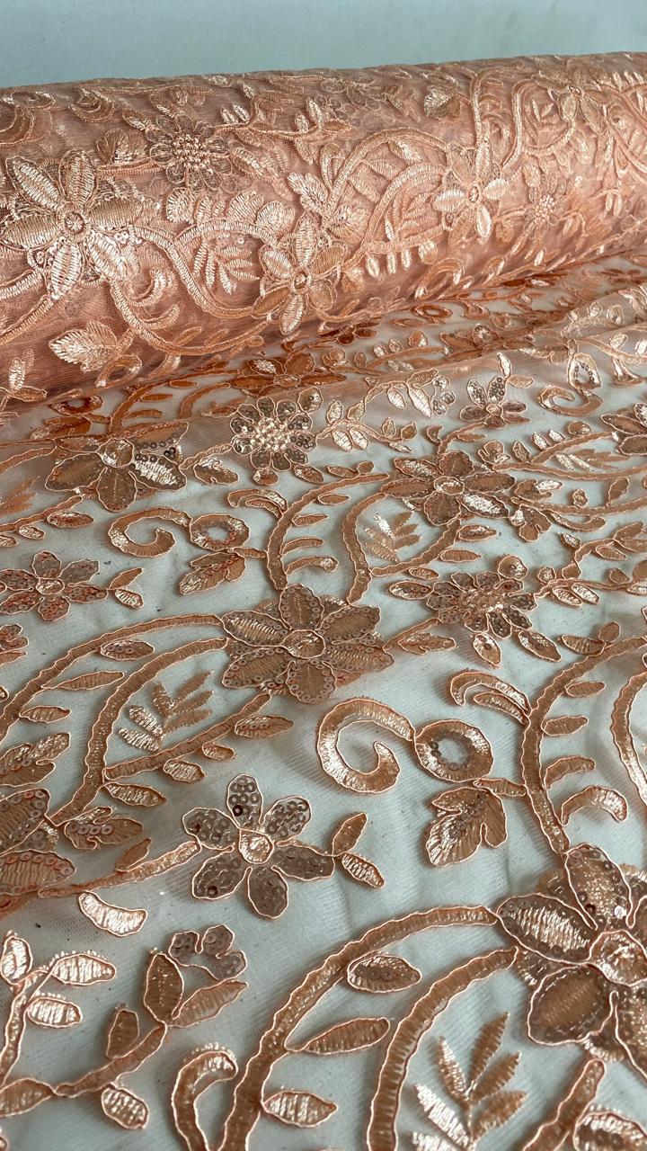 Tul Bordado Con Diseño Floral Con Lentejuela Color Melon -HH193 ideal para vestidos de noche de boda y de XV años