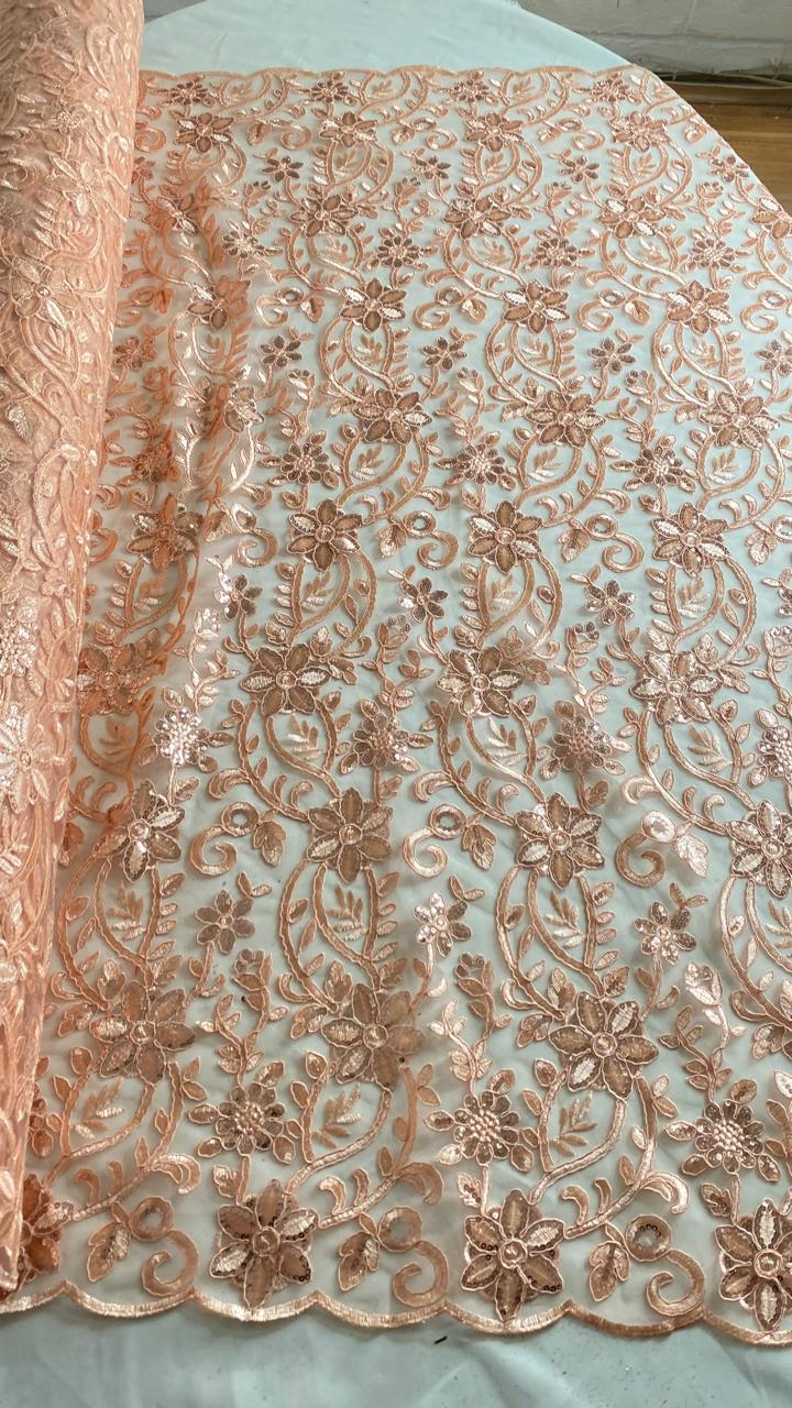 Tul Bordado Con Diseño Floral Con Lentejuela Color Melon -HH193 ideal para vestidos de noche de boda y de XV años
