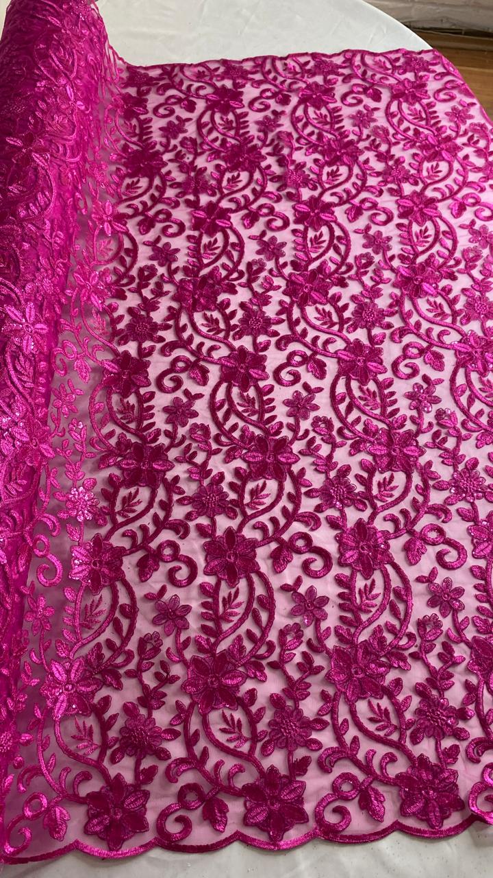 Tul Bordado Con Diseño Floral Con Lentejuela Color Fiusha -HH193 ideal para vestidos de noche de boda y de XV años