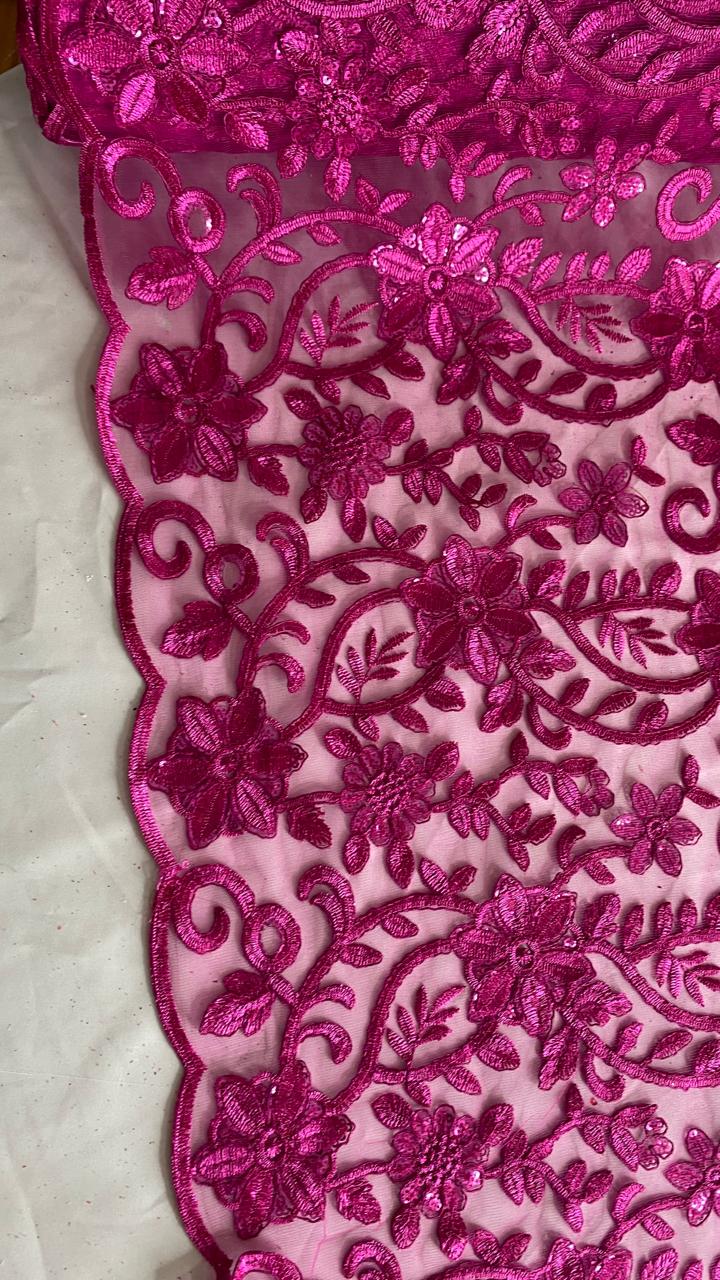 Tul Bordado Con Diseño Floral Con Lentejuela Color Fiusha -HH193 ideal para vestidos de noche de boda y de XV años