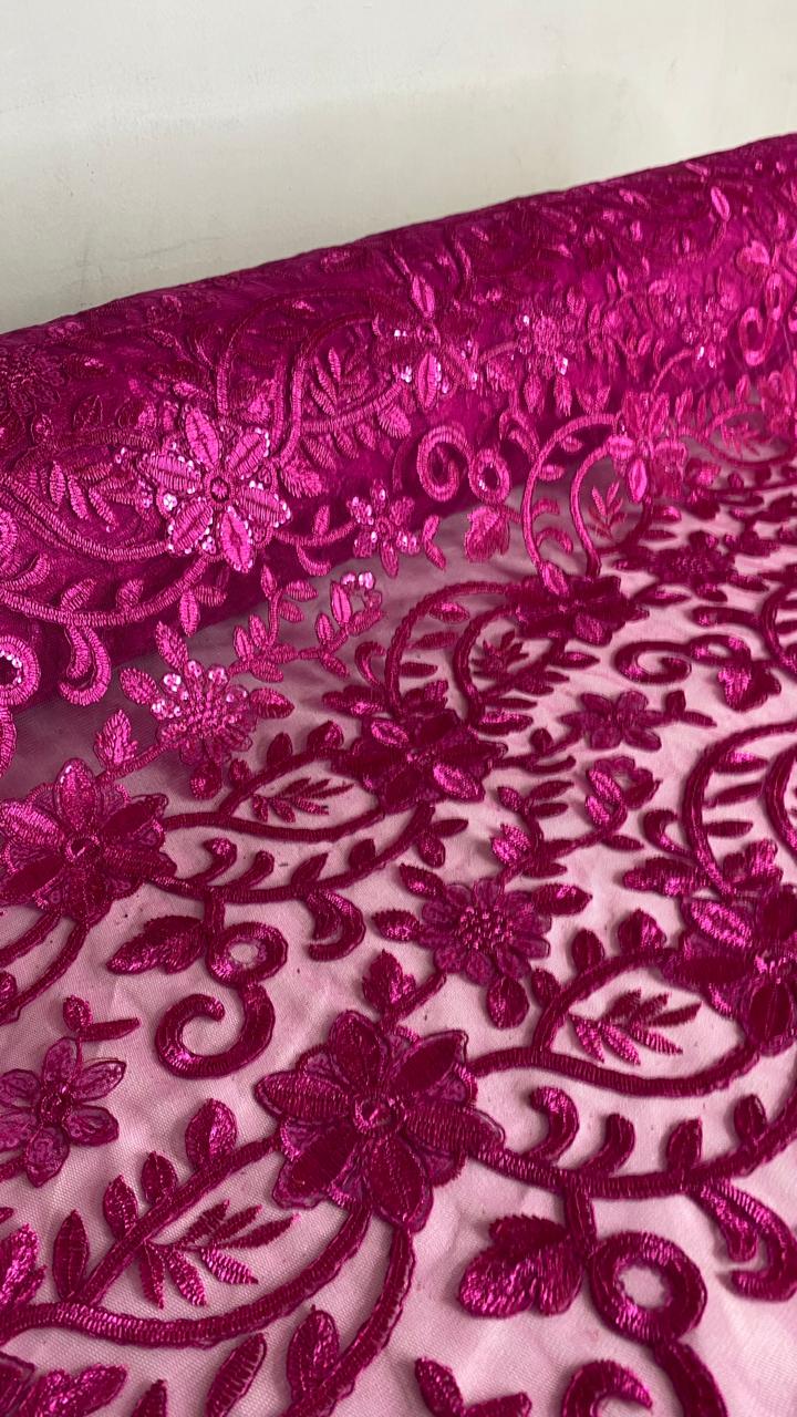 Tul Bordado Con Diseño Floral Con Lentejuela Color Fiusha -HH193 ideal para vestidos de noche de boda y de XV años