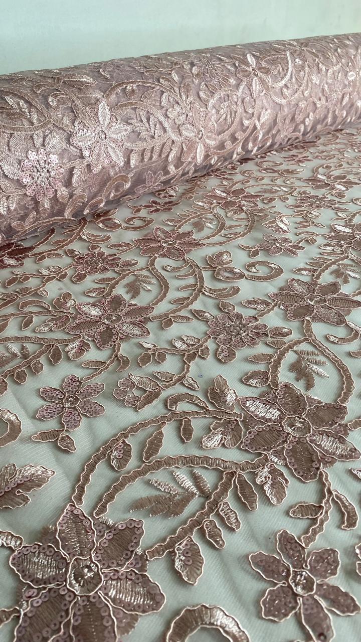 Tul Bordado Con Diseño Floral Con Lentejuela Color Palo de Rosa -HH193 ideal para vestidos de noche de boda y de XV años