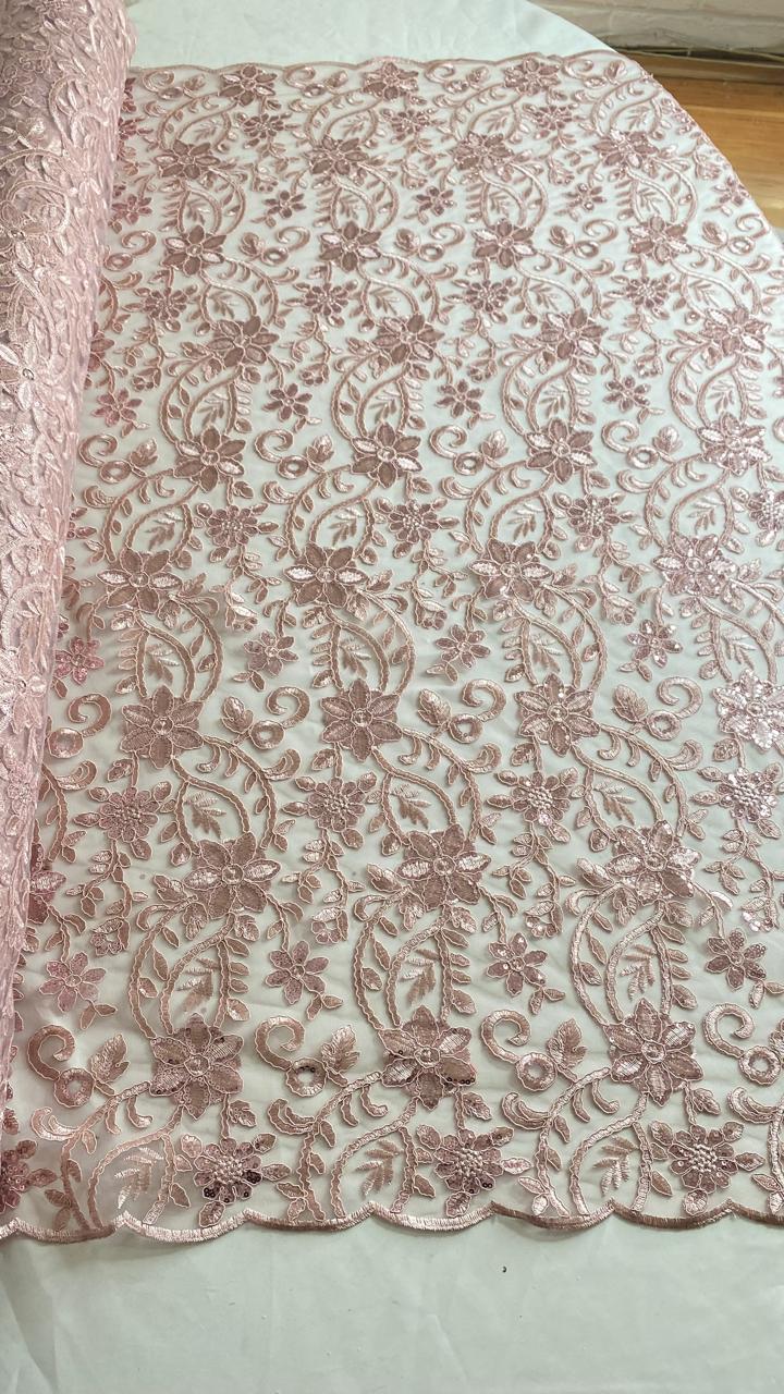 Tul Bordado Con Diseño Floral Con Lentejuela Color Palo de Rosa -HH193 ideal para vestidos de noche de boda y de XV años