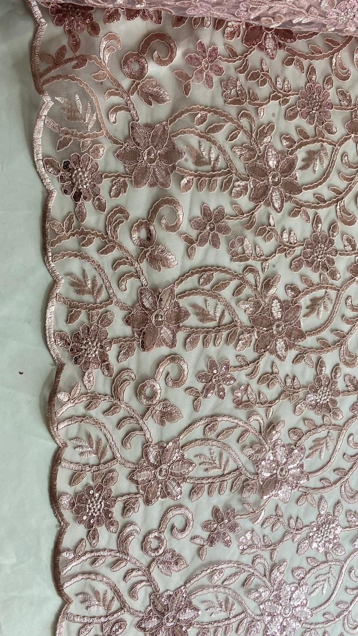 Tul Bordado Con Diseño Floral Con Lentejuela Color Palo de Rosa -HH193 ideal para vestidos de noche de boda y de XV años