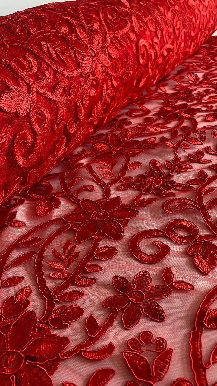 Tul Bordado Con Diseño Floral Con Lentejuela Color Rojo -HH193 ideal para vestidos de noche de boda y de XV años