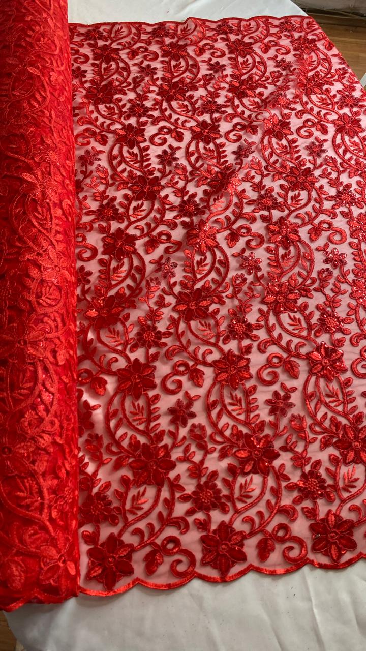 Tul Bordado Con Diseño Floral Con Lentejuela Color Rojo -HH193 ideal para vestidos de noche de boda y de XV años